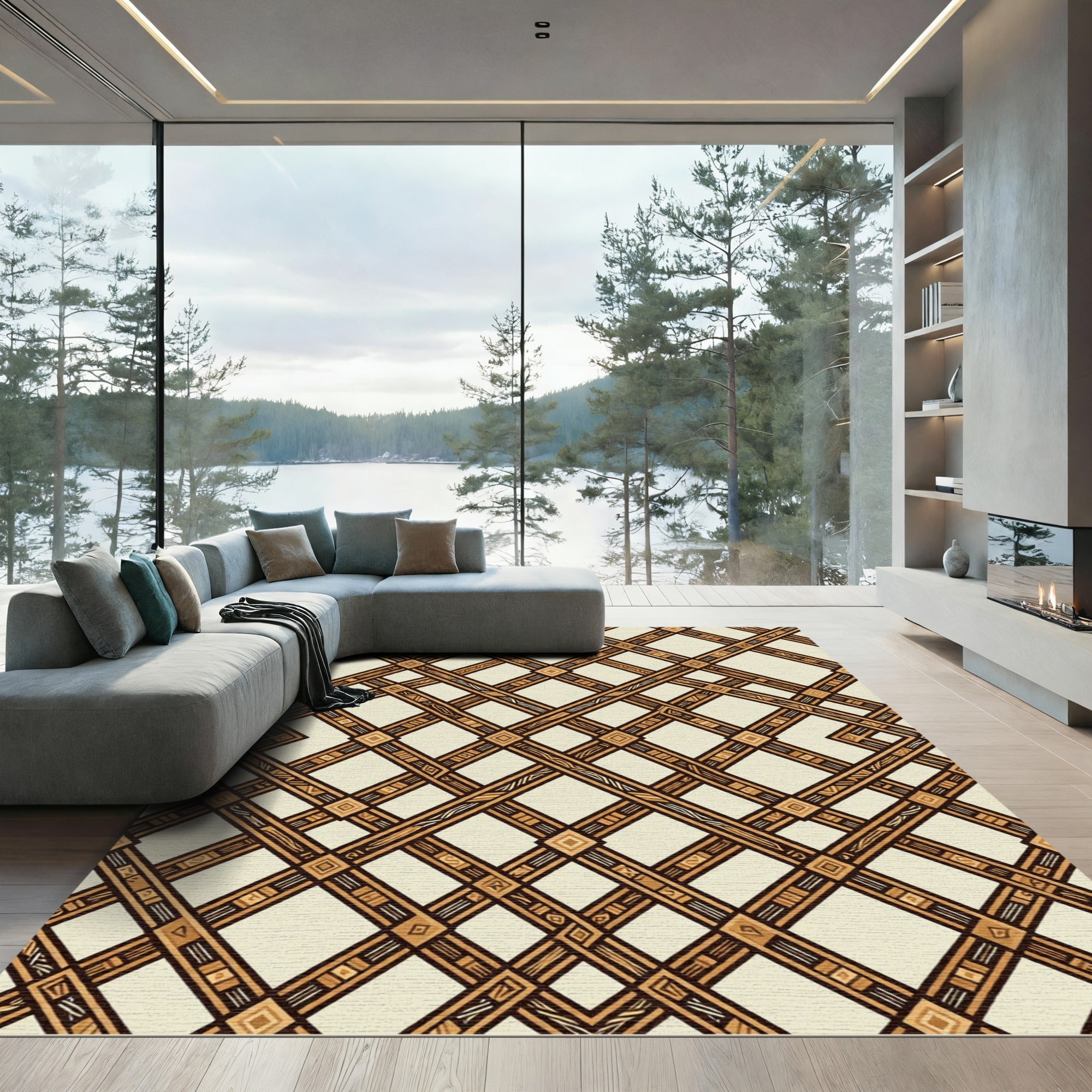 Earthy Brown Geometric Trellis Grid Rug