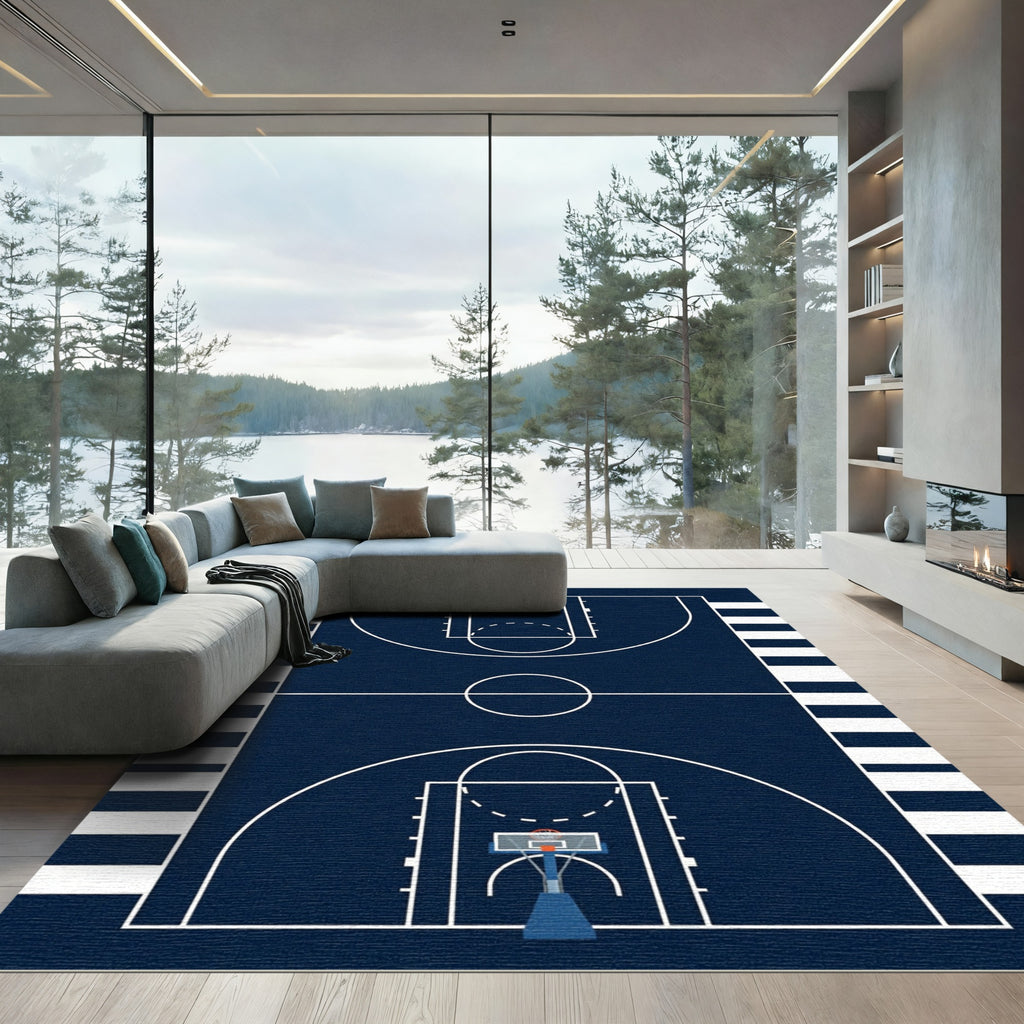Navy Basketball Court Geometric Area Rug