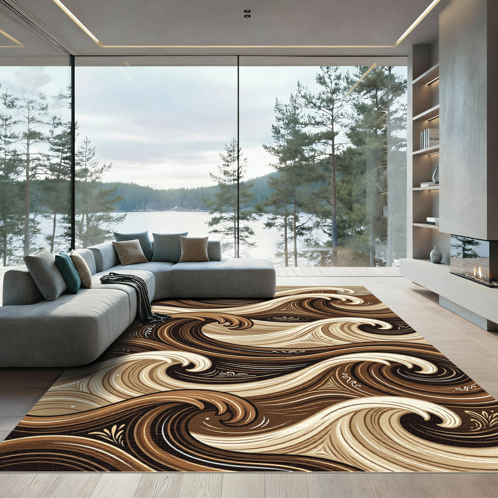 Earthy Brown Abstract Swirling Wave Art Rug