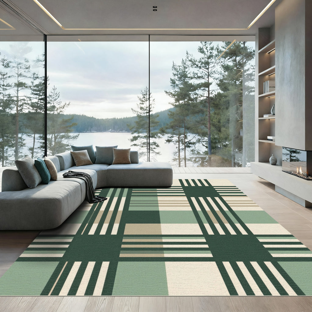 Sage Green and Cream Plaid Grid Rug