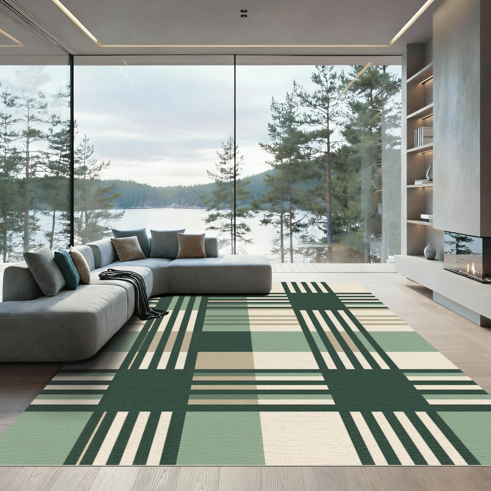 Sage Green and Cream Plaid Grid Rug