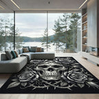 Monochrome Gothic Skull with Spiked Roses Rug