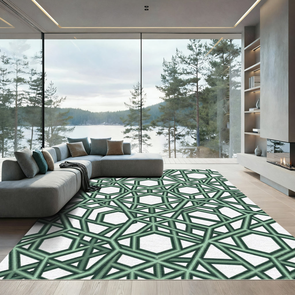 Sage Emerald Interlocking Geometric Hexagon Rug