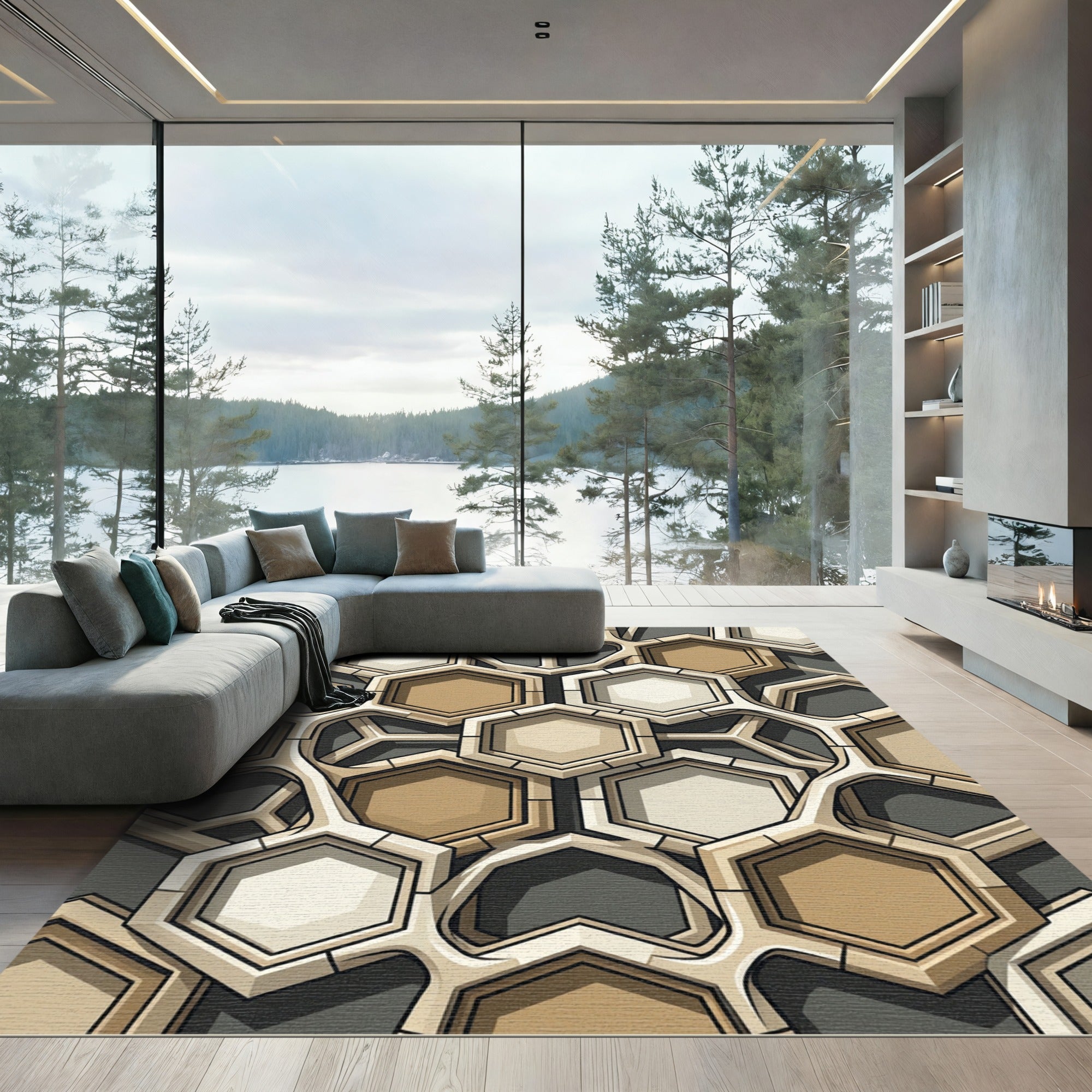 Geometric Honeycomb Beige and Gray Rug