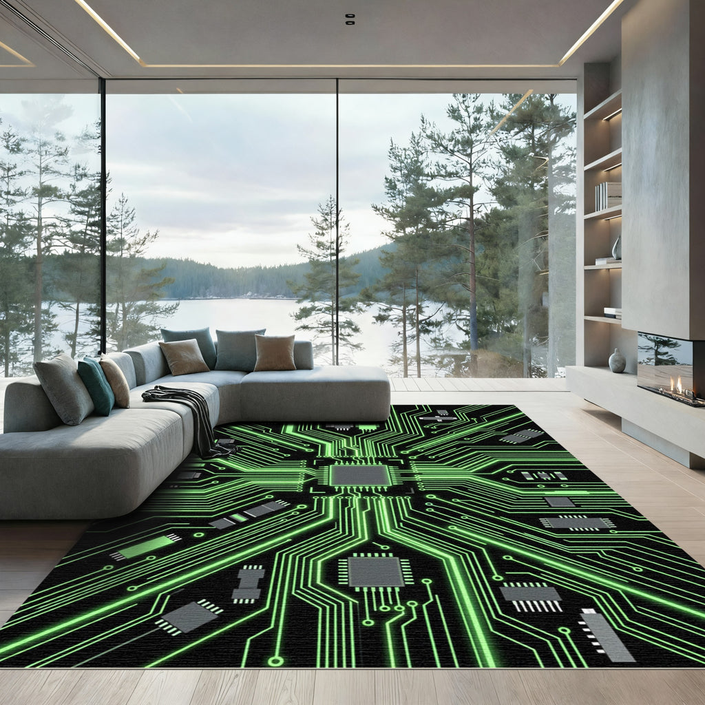 Luminous Neon Cyber Circuit Grid Rug