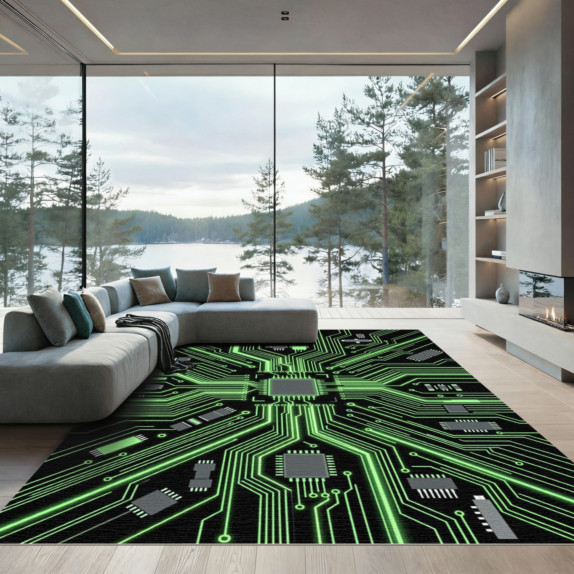 Luminous Neon Cyber Circuit Grid Rug
