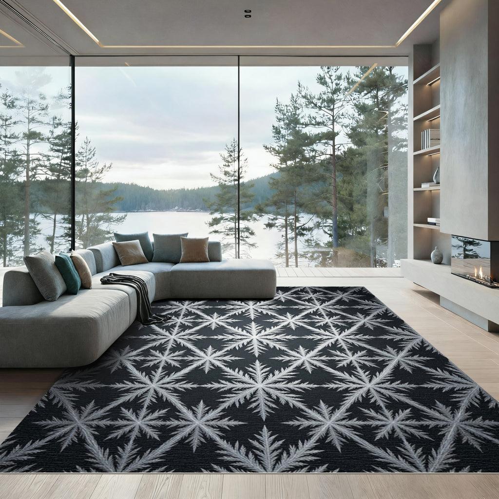 Silver Winter Snowflake Geometric Grid Rug