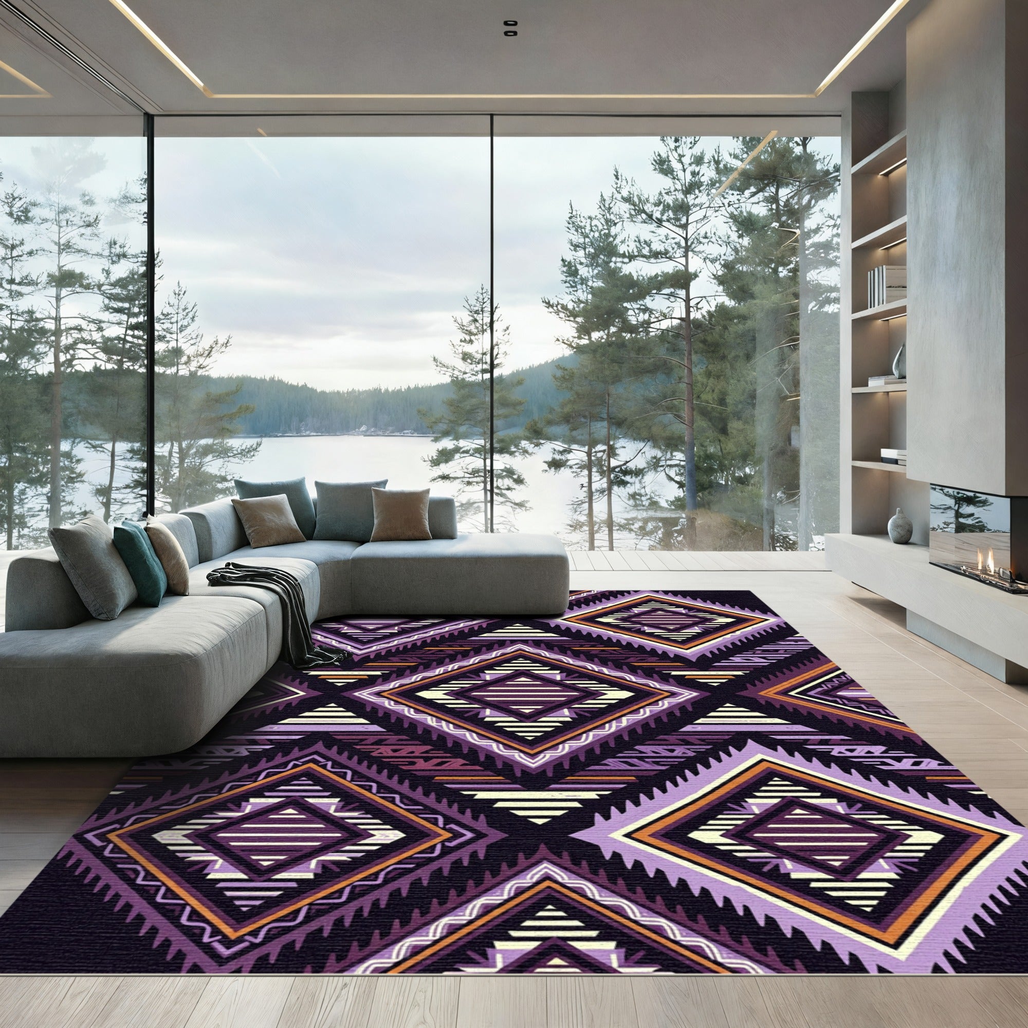 Purple Orange Geometric Diamond Stripe Rug