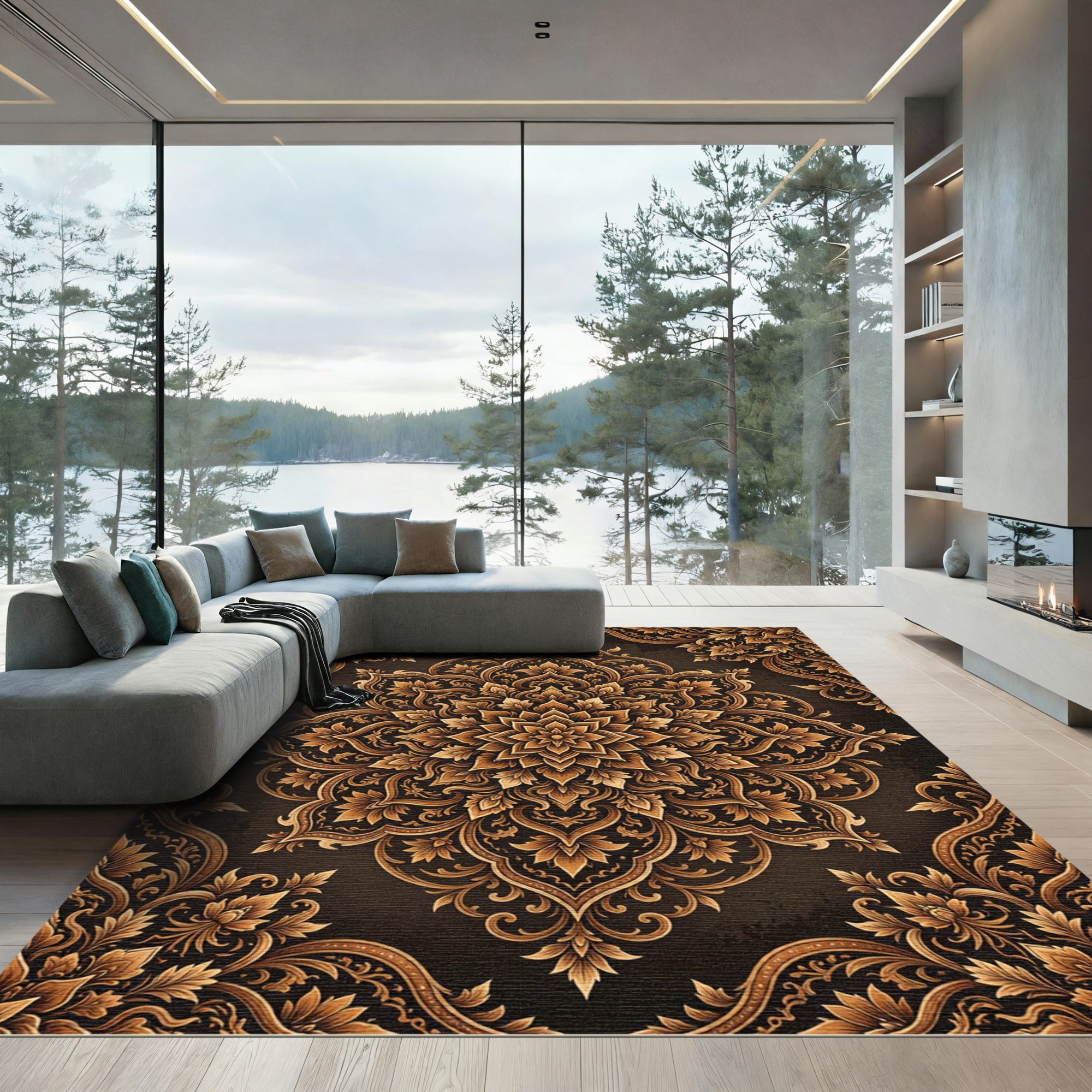 Golden Ornate Floral Baroque Medallion Rug