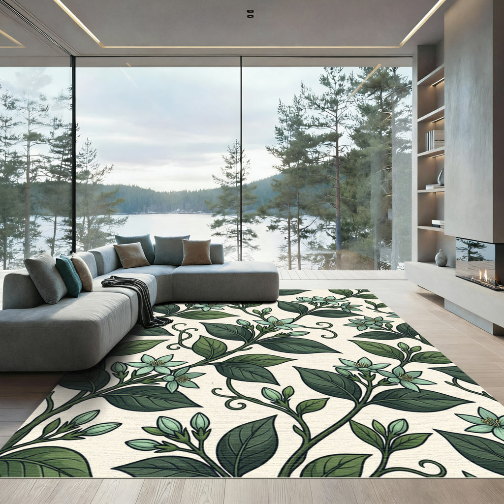 Lush Green Botanical Jasmine Vine Rug