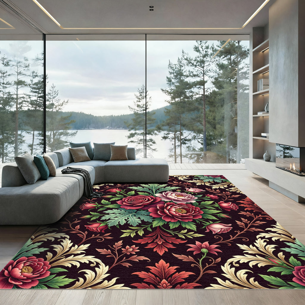 Dark Crimson Floral Baroque Botanical Rug
