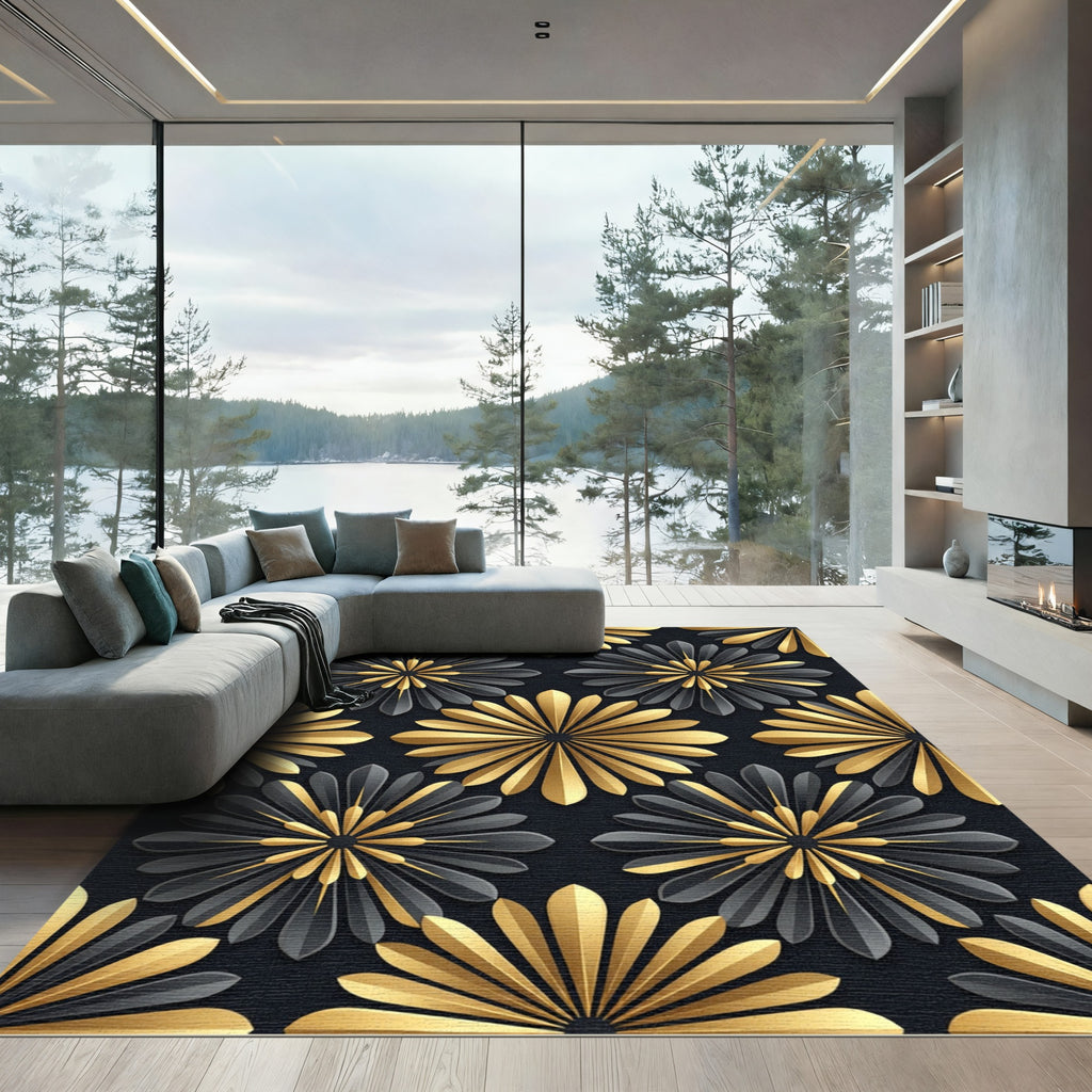 Black and Gold Art Deco Floral Rug
