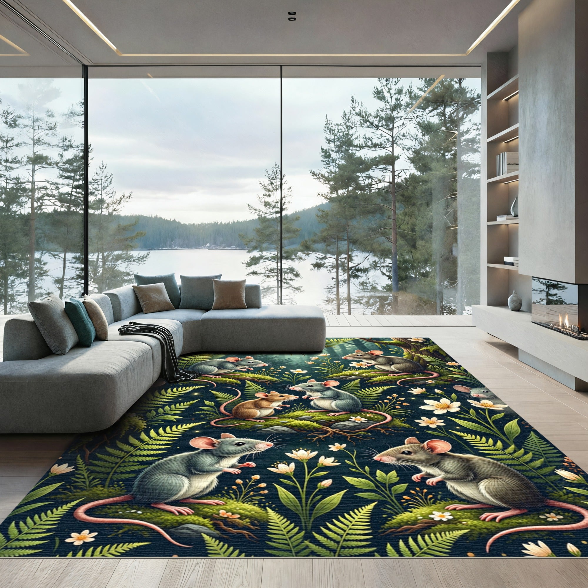 Whimsical Woodland Mouse Botanical Forest Rug