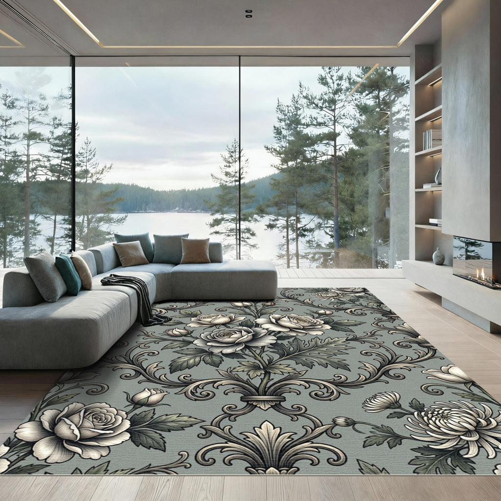 Elegant Sage Damask Rose Floral Rug