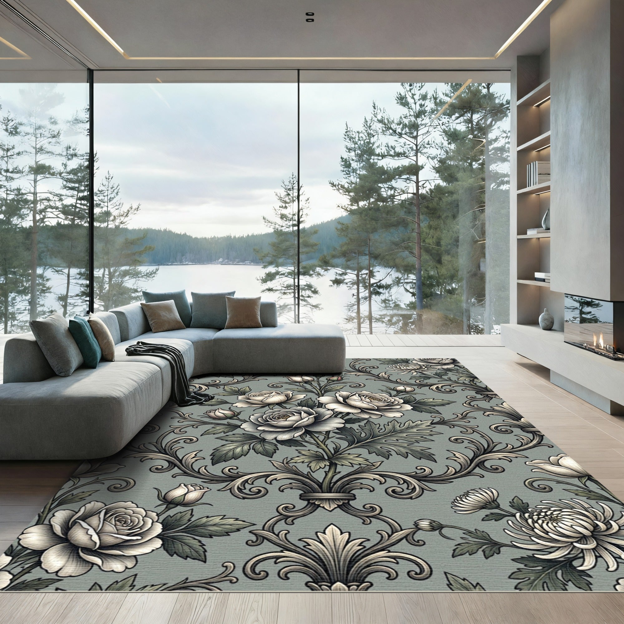 Elegant Sage Damask Rose Floral Rug