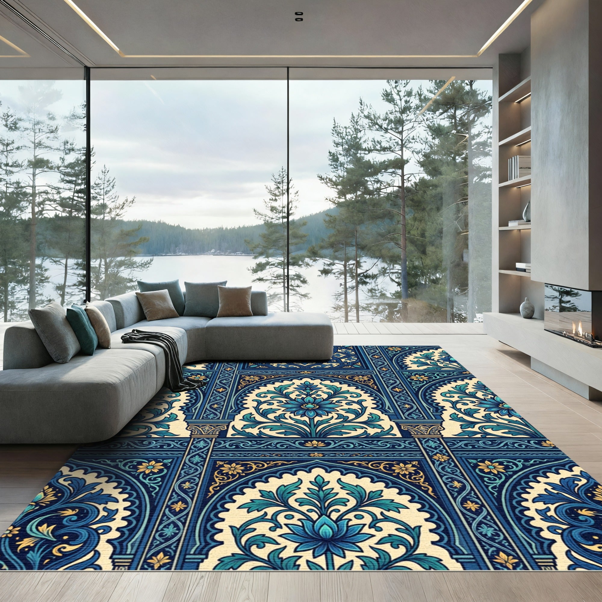 Intricate Blue Golden Floral Arch Rug