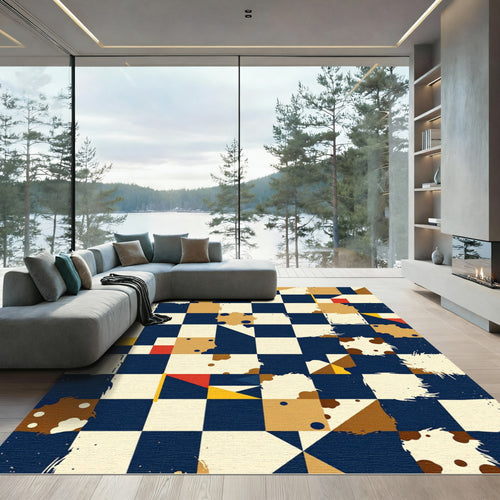 Abstract Navy Ochre Bauhaus Geometric Grid Rug