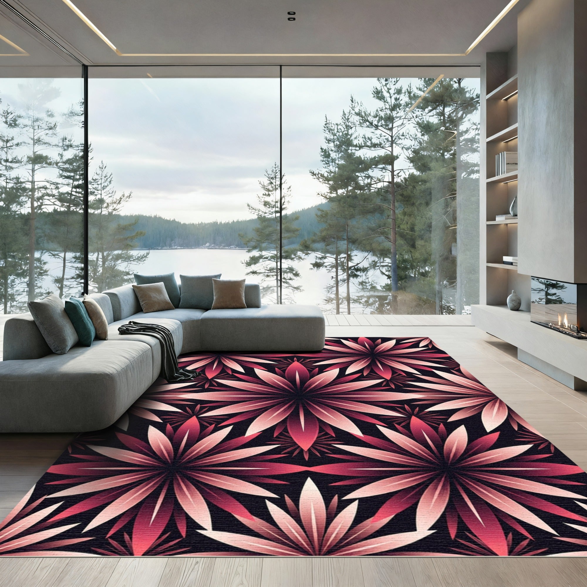Crimson Petal Radiance Geometric Rug