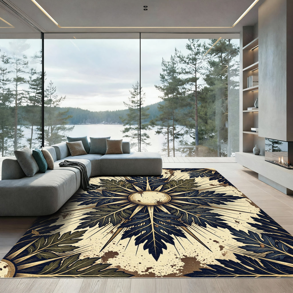 Sunburst Navy Foliage Cream Medallion Rug