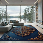 Ornate Gold and Blue Filigree Medallion Rug