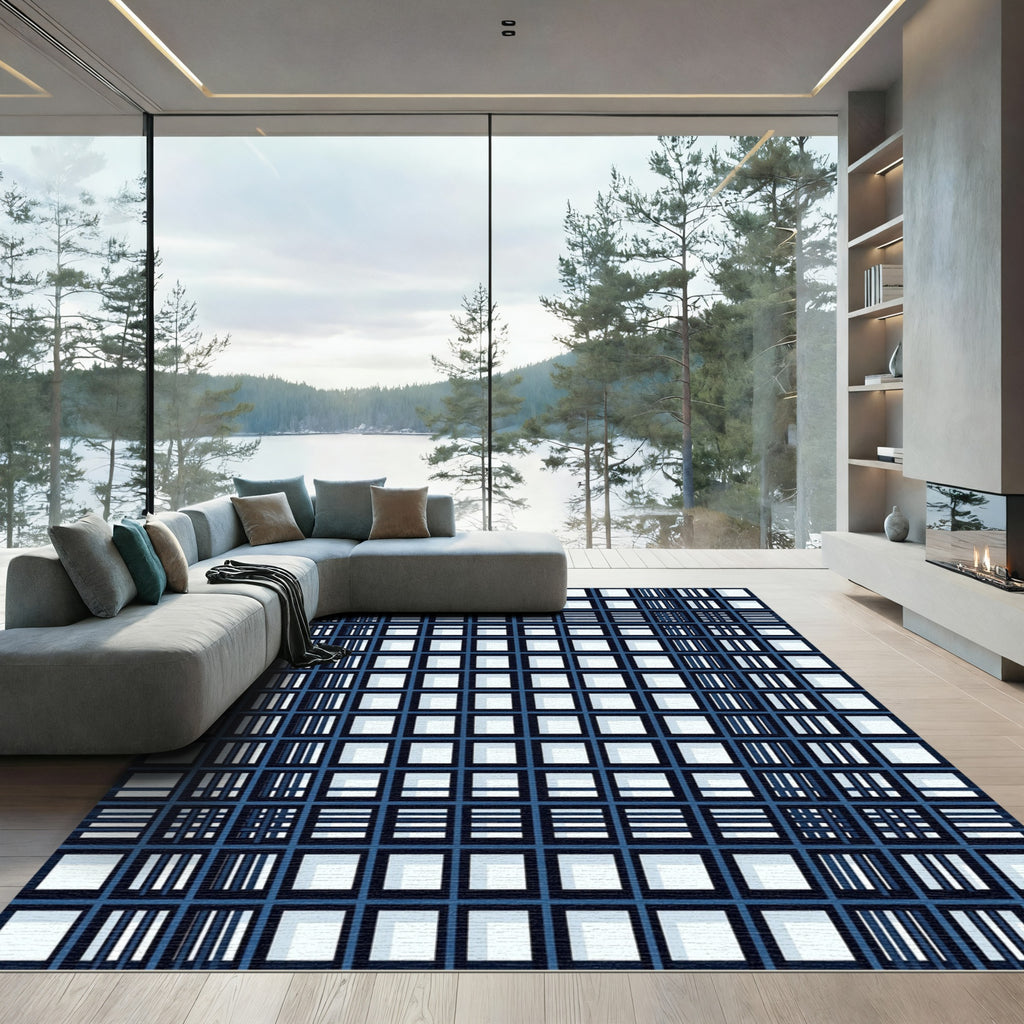 Modern Navy Ink Grid Geometric Rug