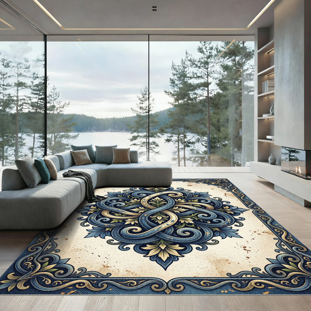 Vintage Blue Ornate Filigree Medallion Rug