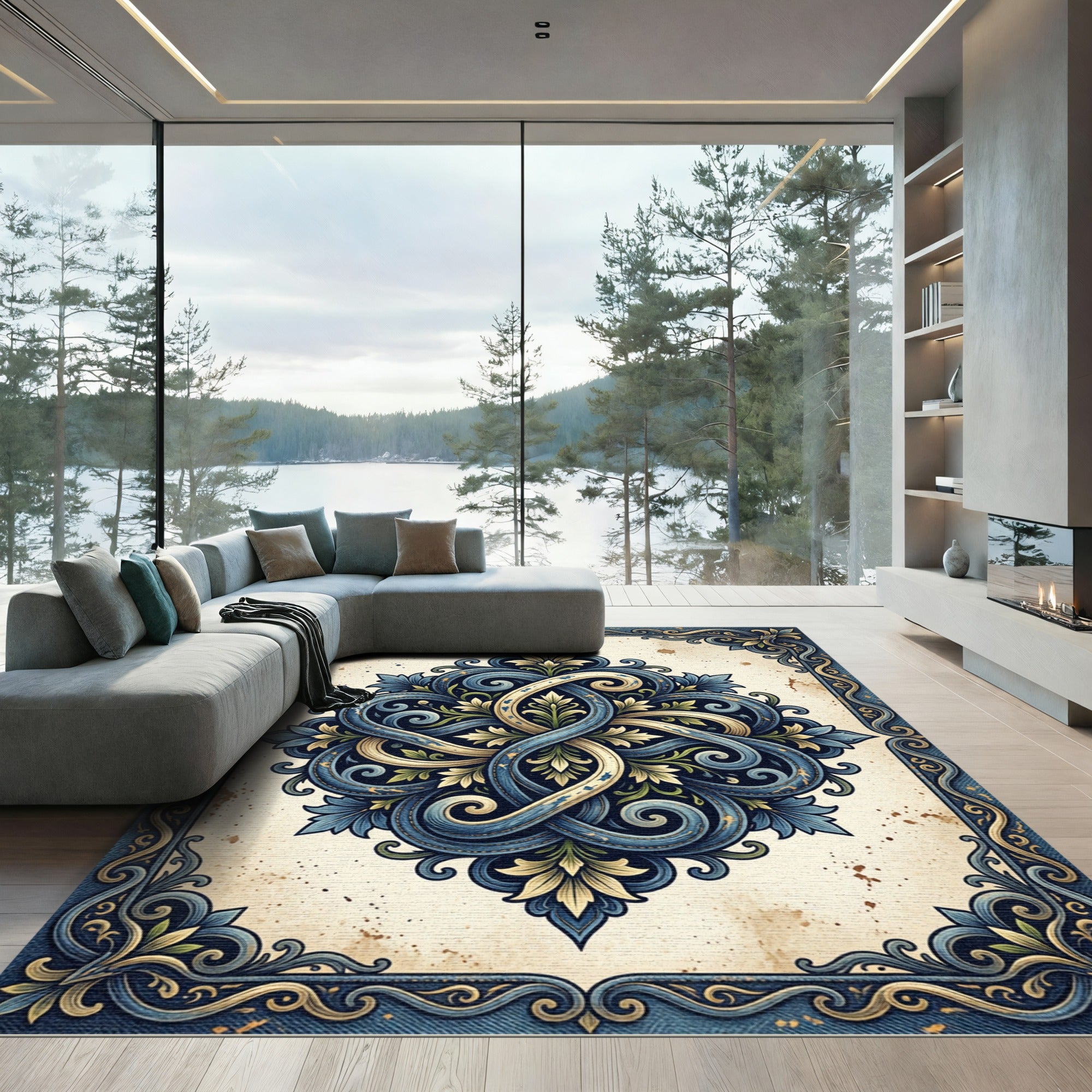 Vintage Blue Ornate Filigree Medallion Rug