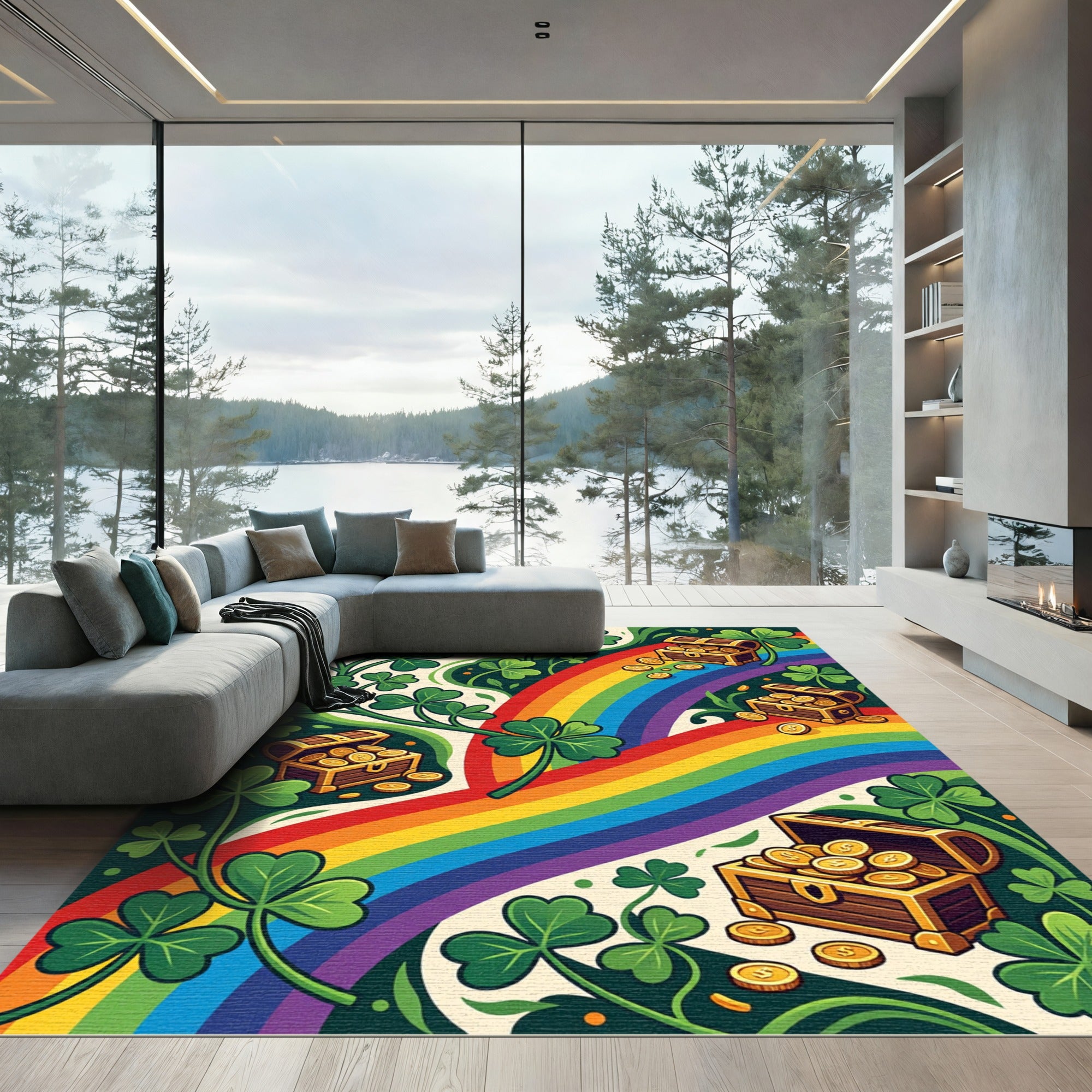 Vibrant Rainbow Clover Treasure Coin Illustration Rug