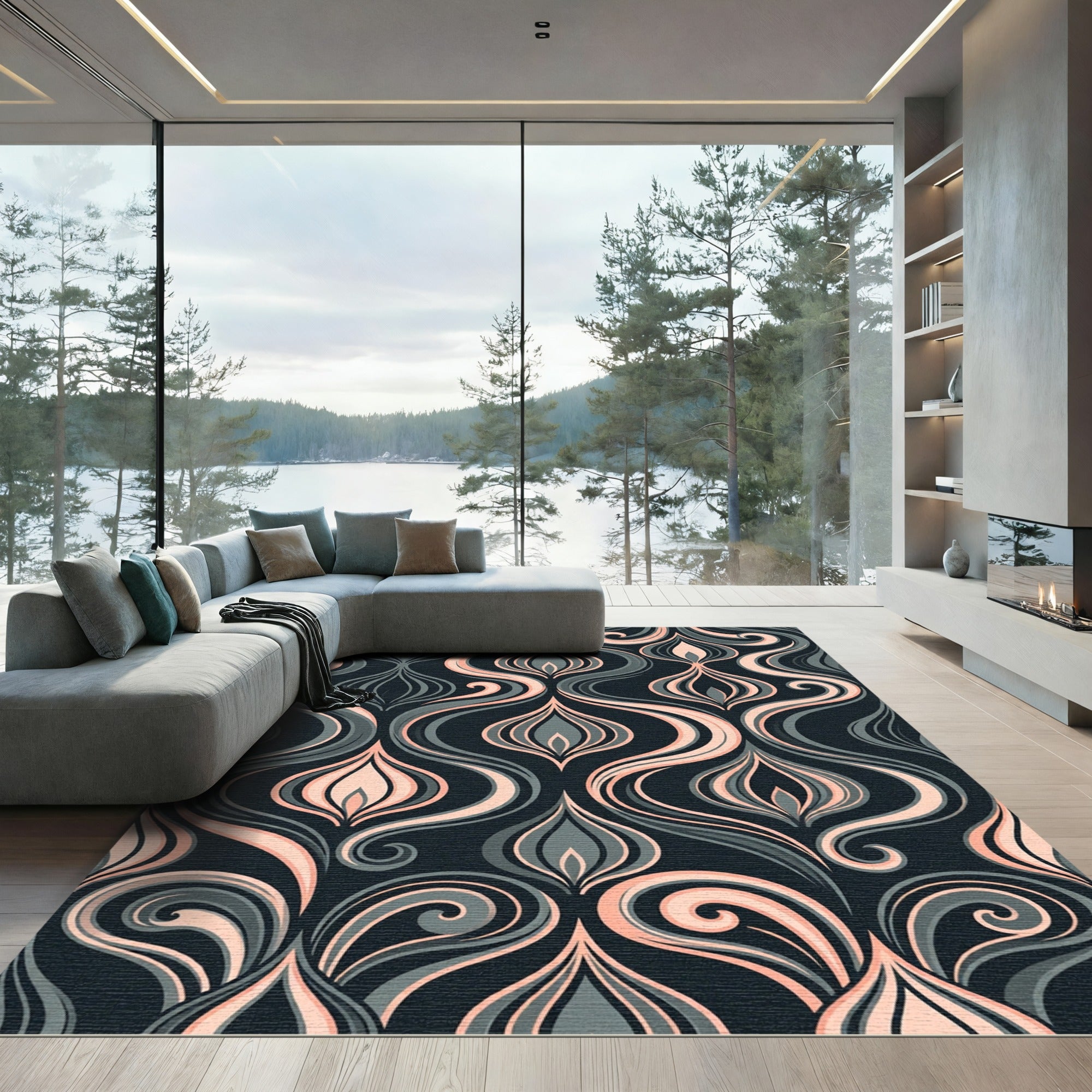 Elegant Peach and Charcoal Swirls Rug