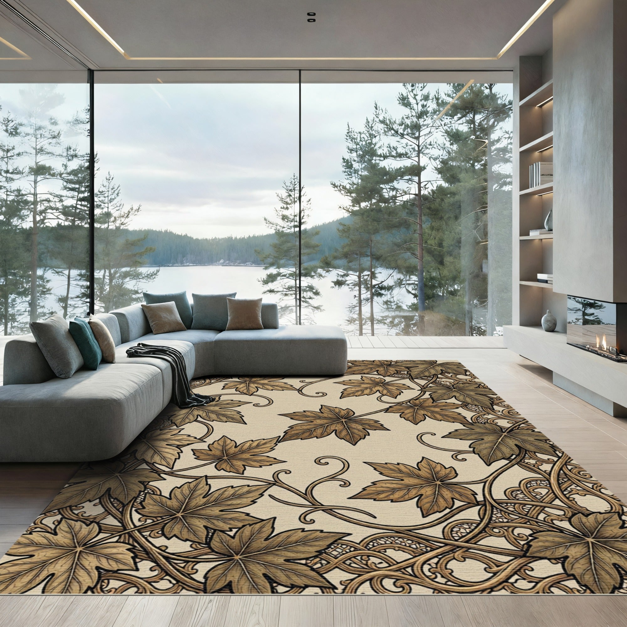 Elegant Sepia Maple Leaf Scroll Work Rug