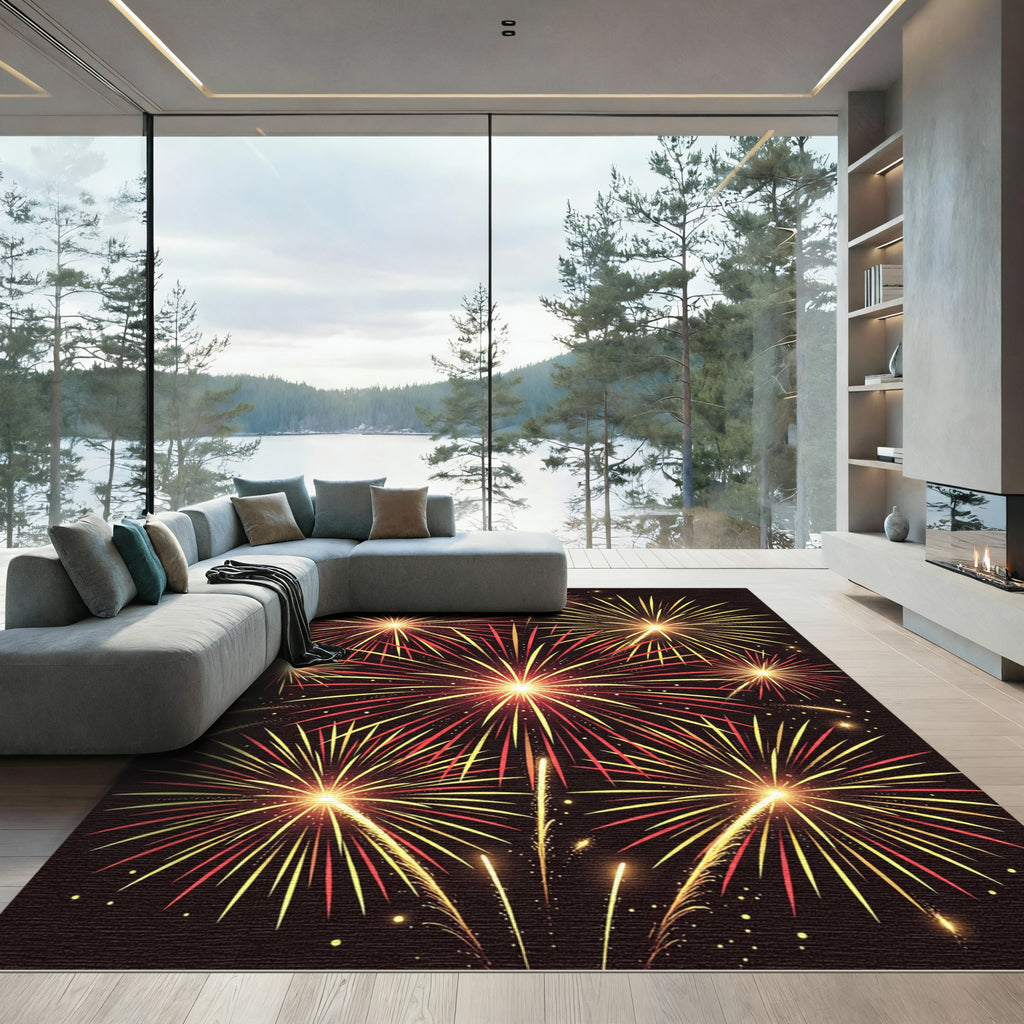 Golden Red Bursting Fireworks Celebration Rug