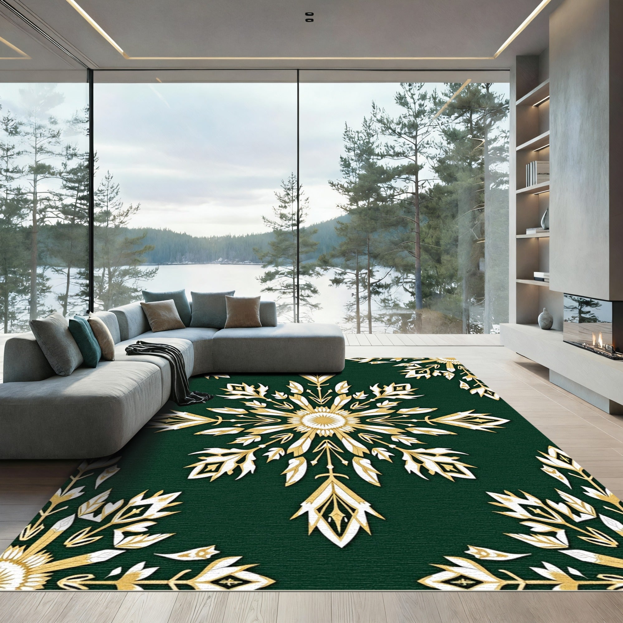 Emerald Green Golden Leaf Medallion Rug
