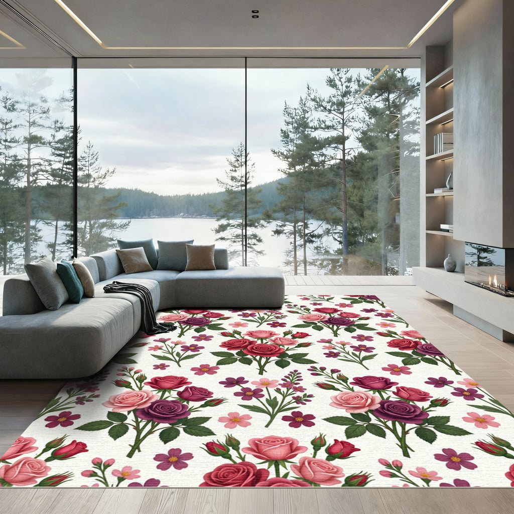 Crimson Fuchsia Pink Rose Bouquet Rug