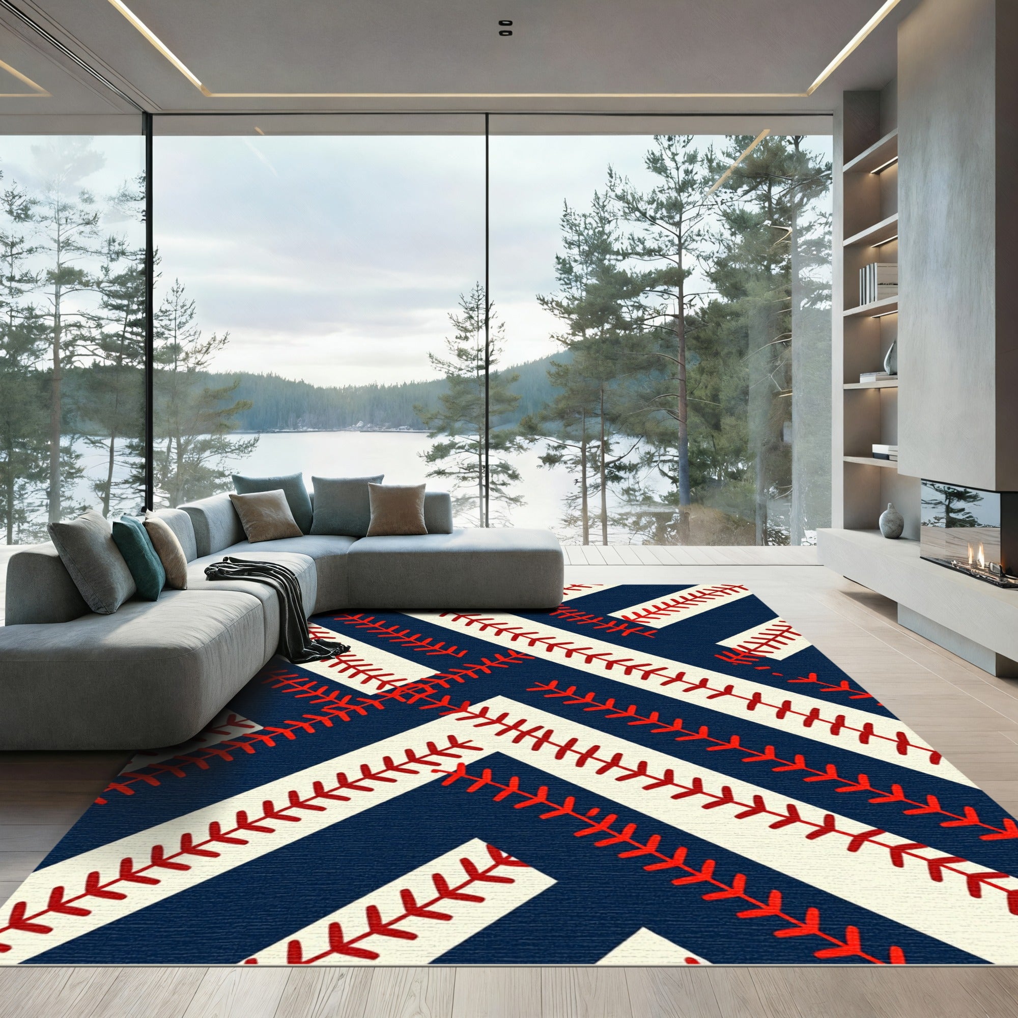 Navy and Cream Baseball Stitch Geometric Rug