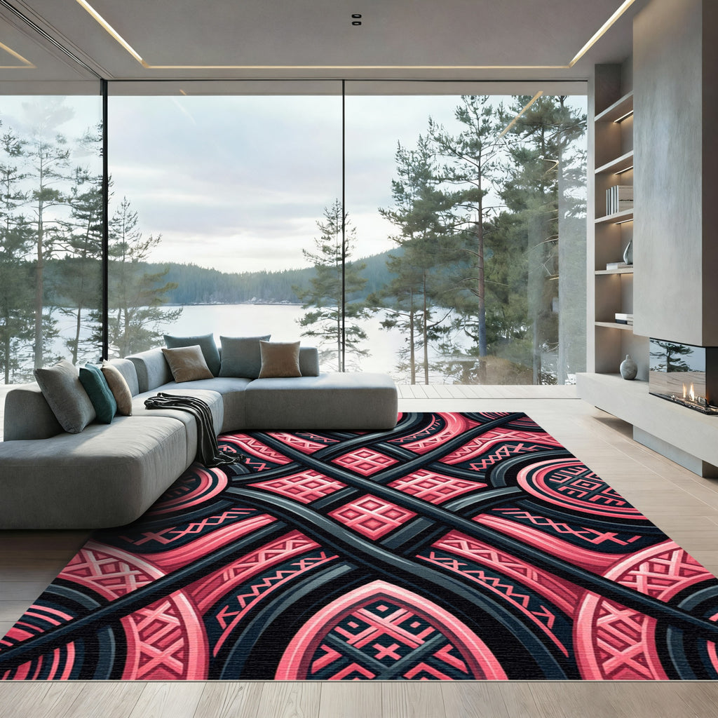 Stellar Pink And Charcoal Lattice Geometric Rug