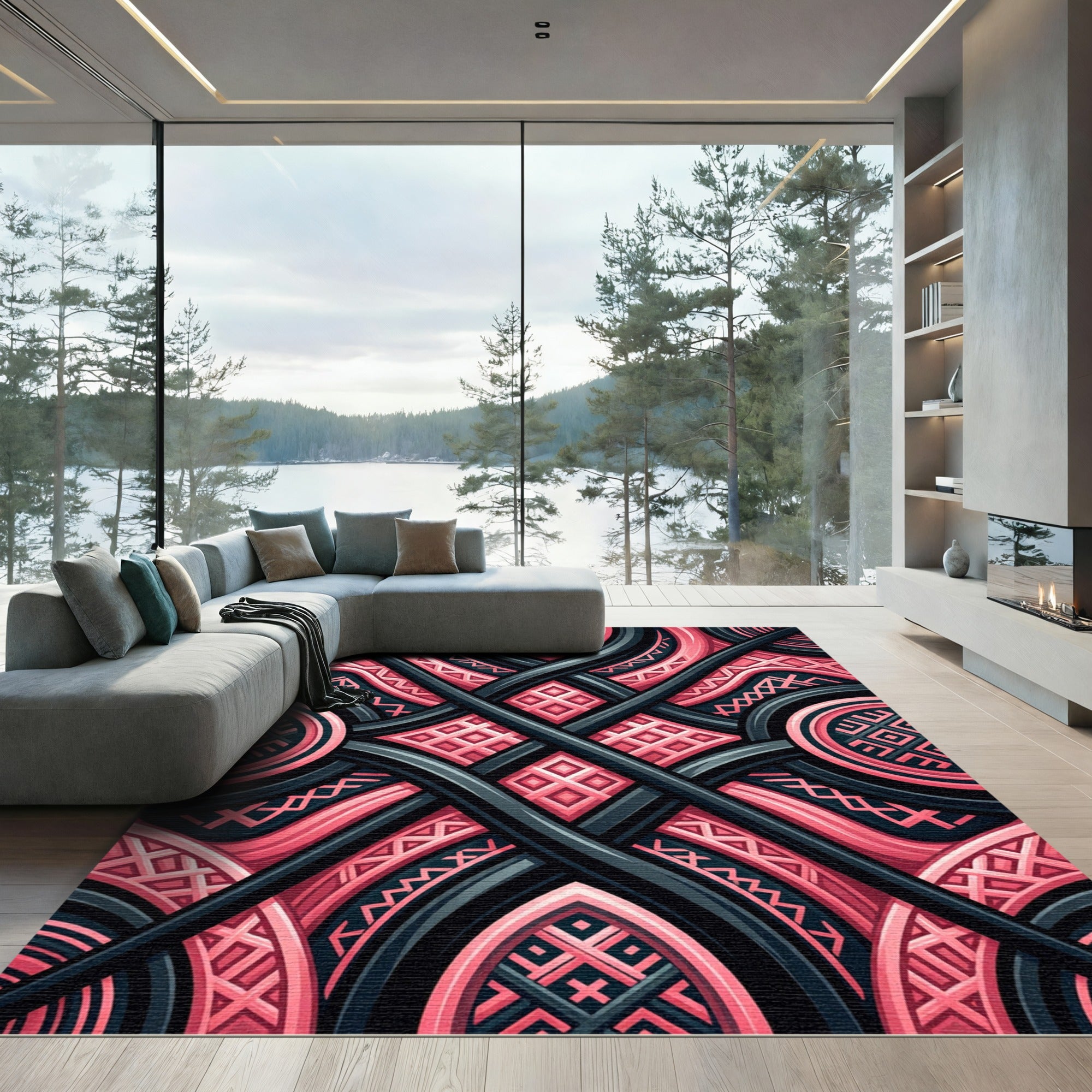 Stellar Pink And Charcoal Lattice Geometric Rug