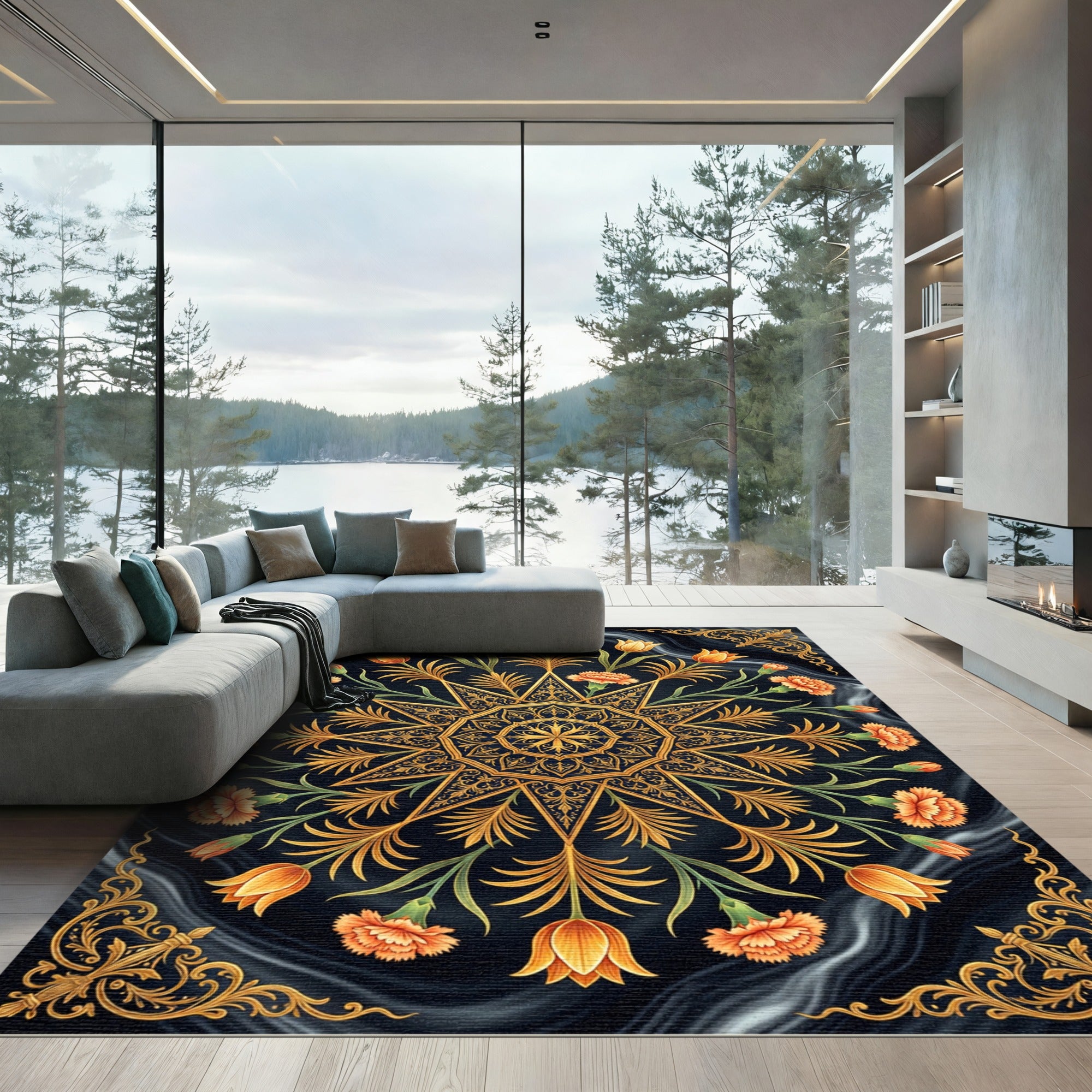 Golden Floral Star Medallion Obsidian Swirl Rug