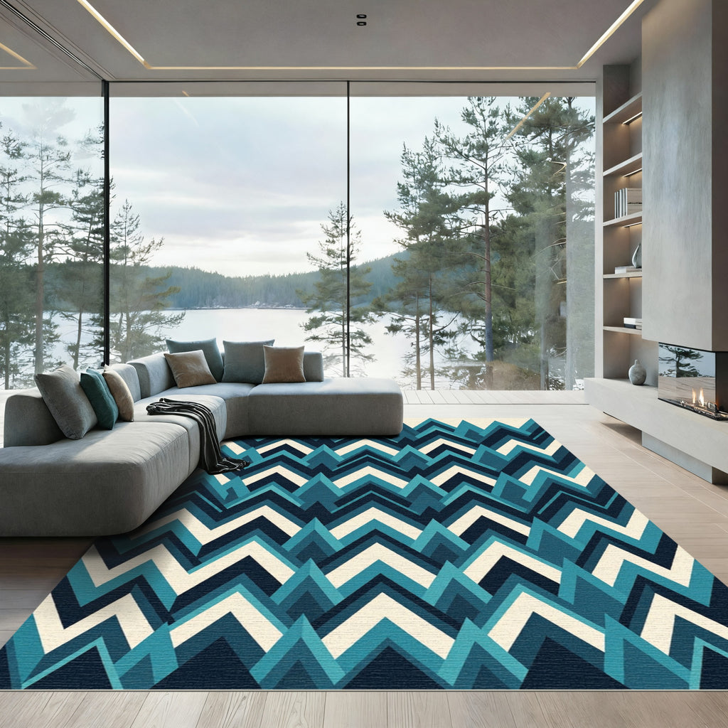 Geometric Teal Mountain Chevron Rug