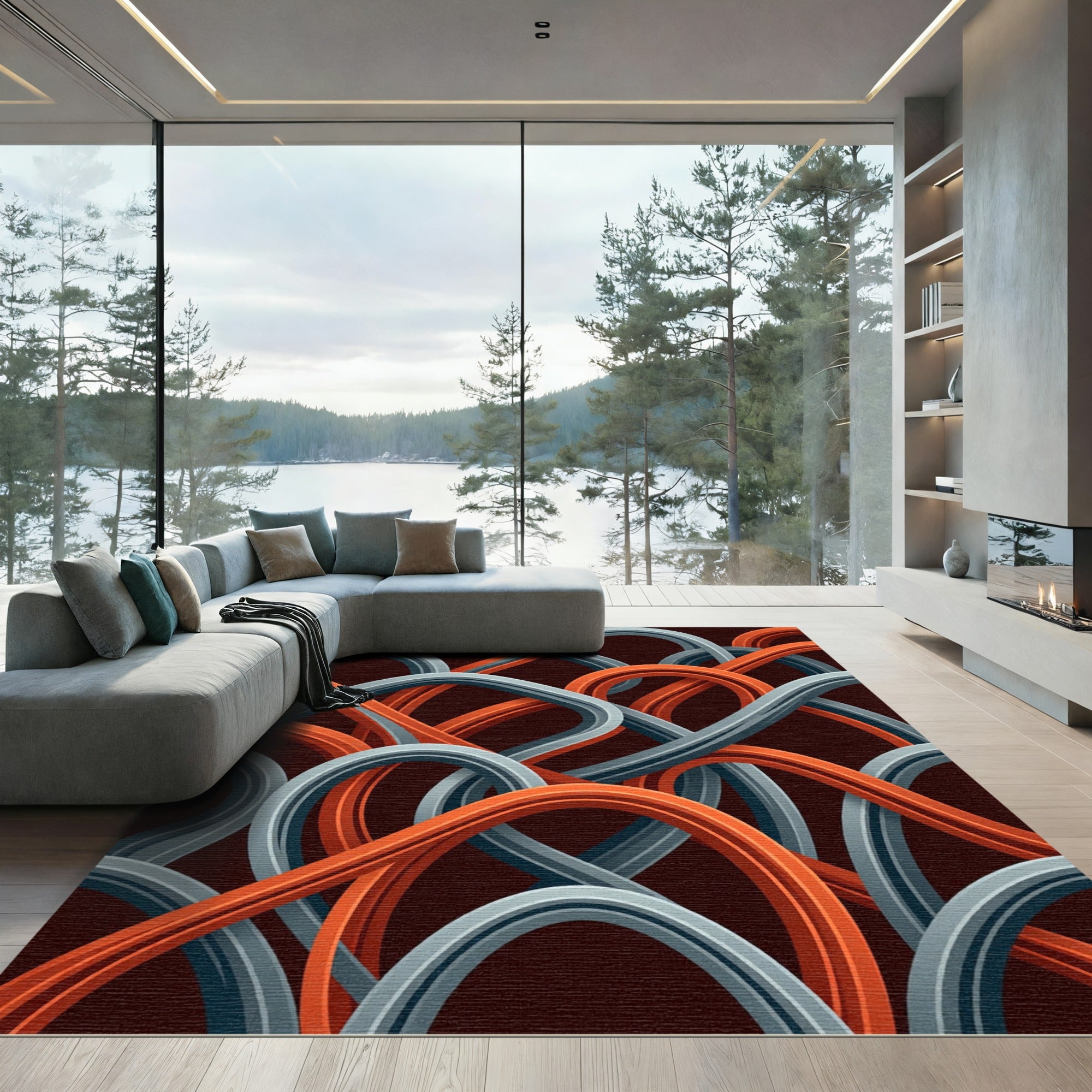 Interlocking Orange Gray Curving Lines Rug