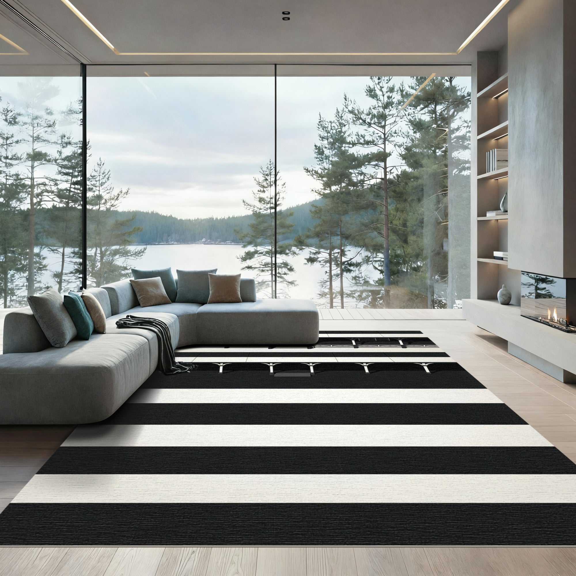 Bold Black White Stripe Architectural Rug