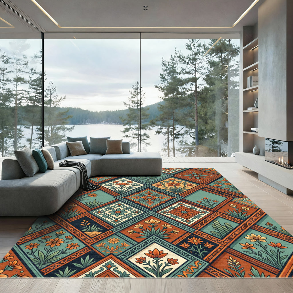 Terracotta Teal Floral Diamond Tile Rug