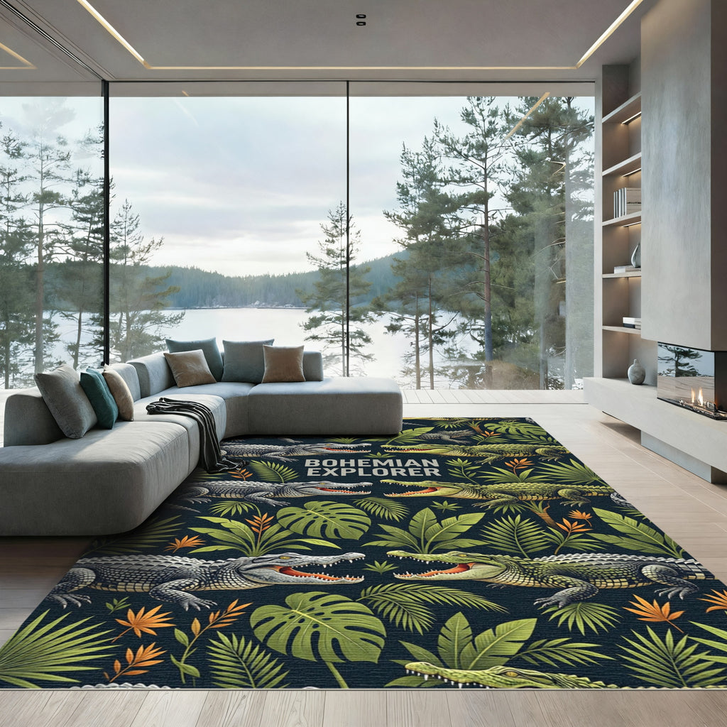 Lush Green Tropical Crocodile Jungle Adventure Rug