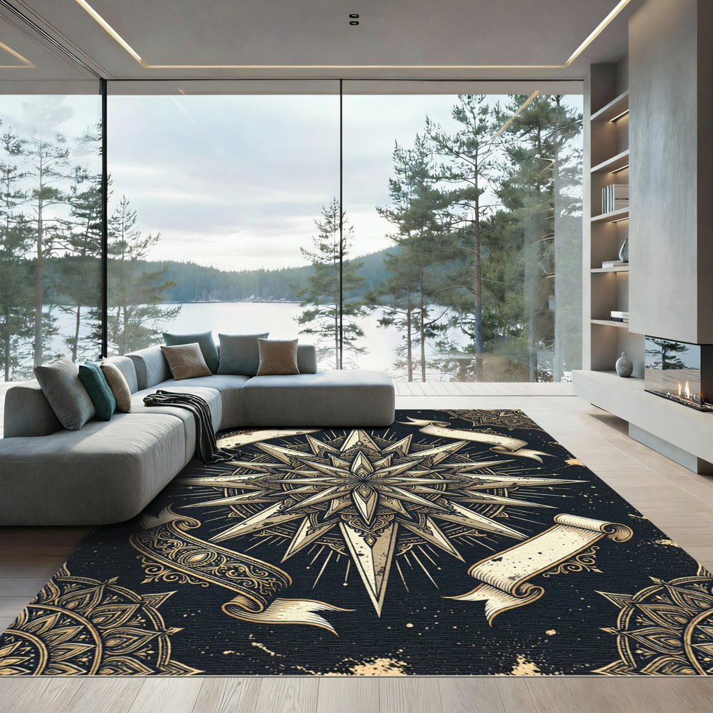 Gold Starburst Mandala With Ribbons Rug
