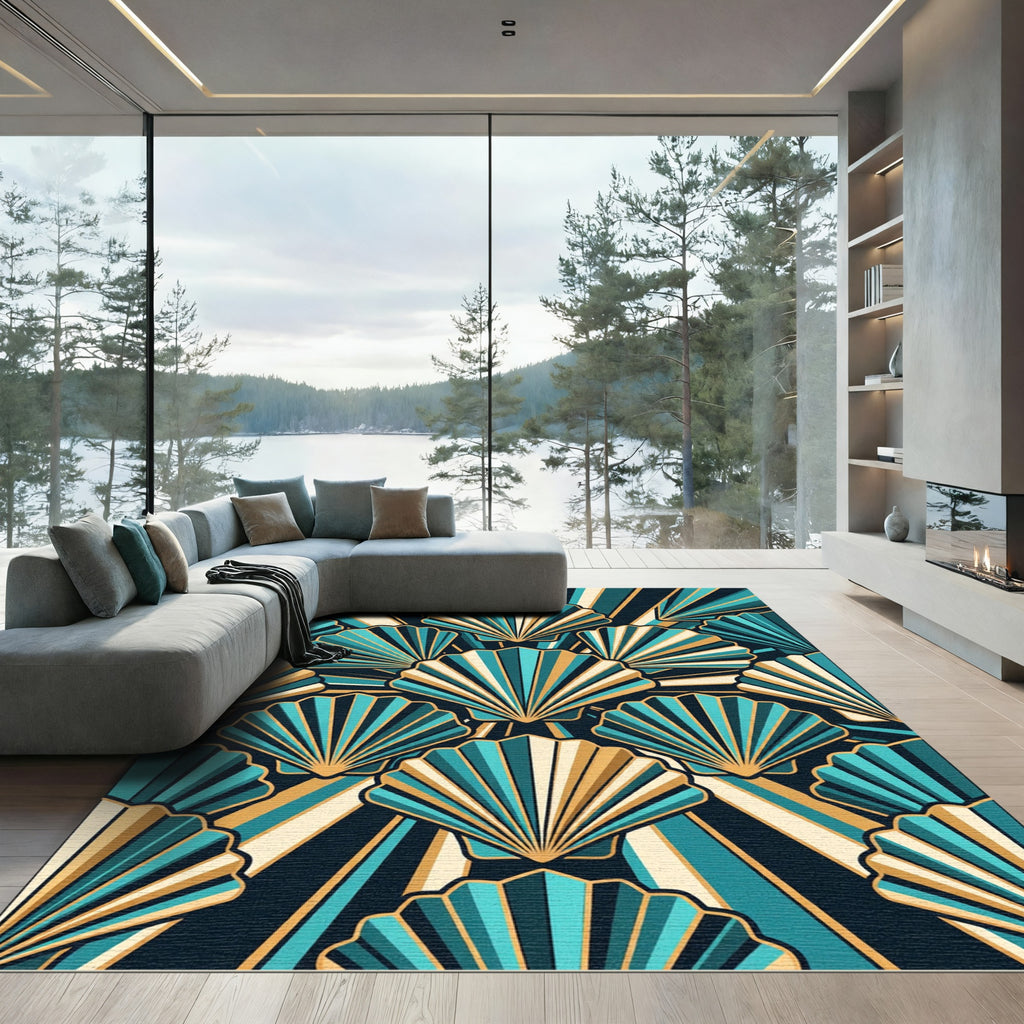 Art Deco Teal Gold Fan Rays Rug