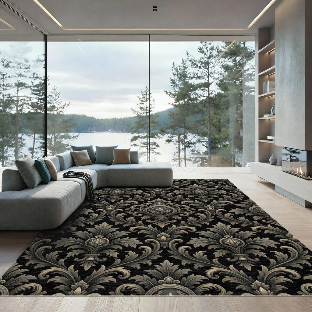 Ornate Charcoal Gold Damask Scroll Rug