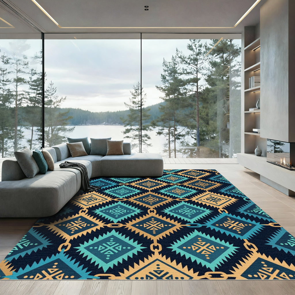 Gold and Teal Geometric Chain Link Rug