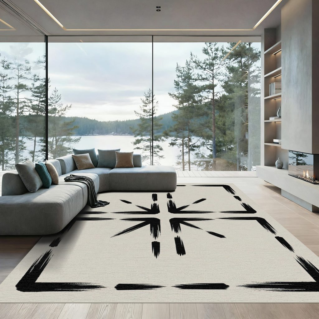 Black Brushstroke Square Arrow Motif Rug