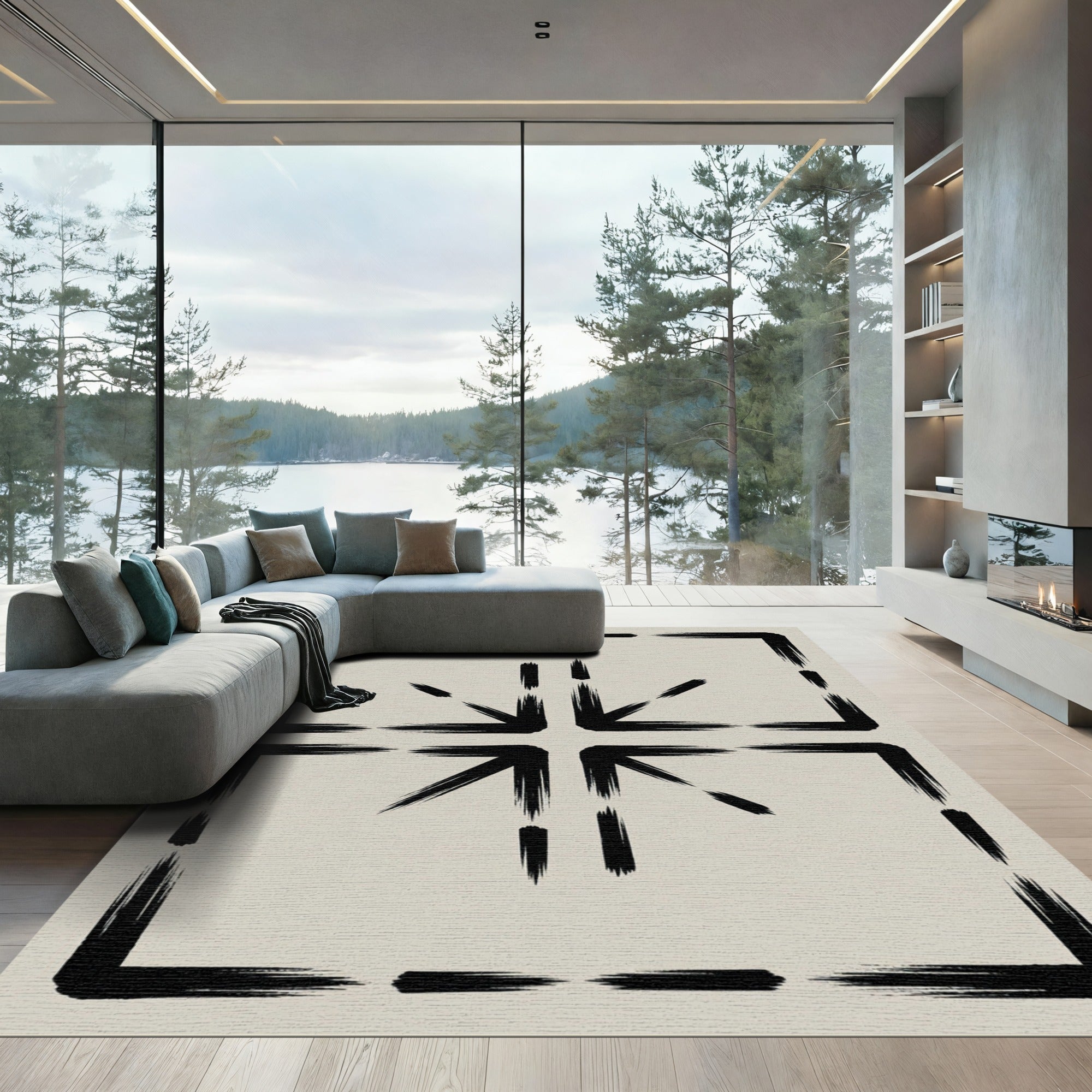 Black Brushstroke Square Arrow Motif Rug