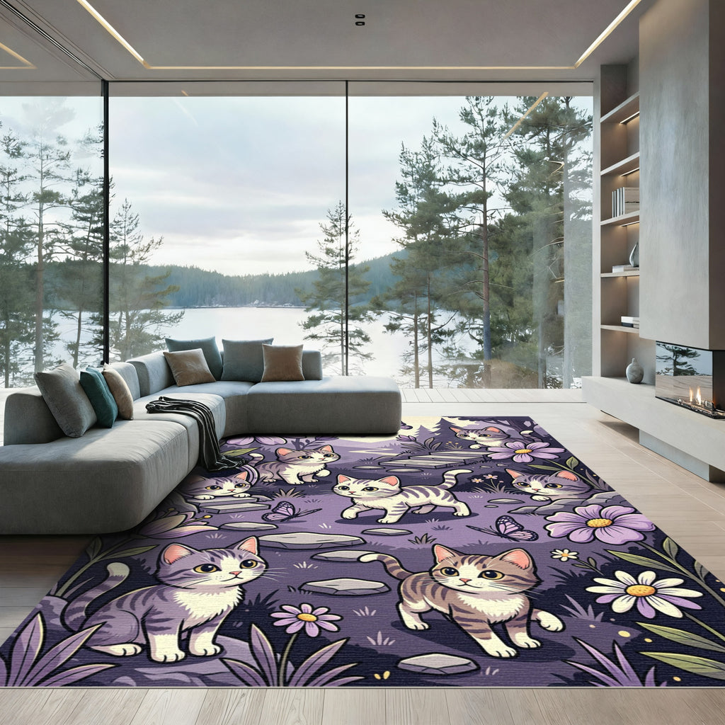 Whimsical Purple Kitten Butterfly Garden Rug