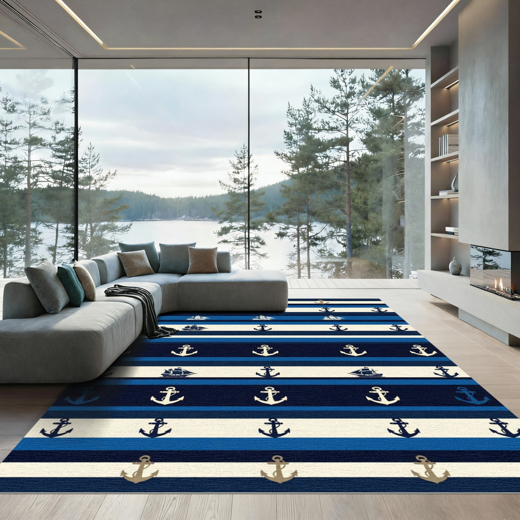 Nautical Striped Anchors Sailboats Navy Blue Rug